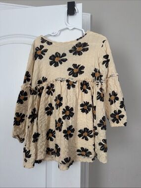 Girls Cream Floral Peasant Dress with Black and Tan Blooms